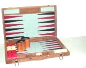  Backgammon Set S40 Wolle graublau Spielfeld, schwarz und rot Punkte 