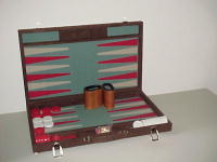  Backgammon Set S40 Wolle graublau Spielfeld,  rot und weiss Punkte